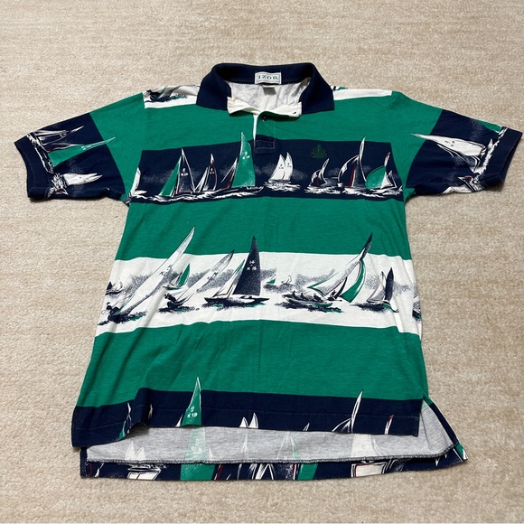 Vintage Izod Men's Small All Over Print Sailboat Polo Shirt Abstract AOP Green - Picture 1 of 8